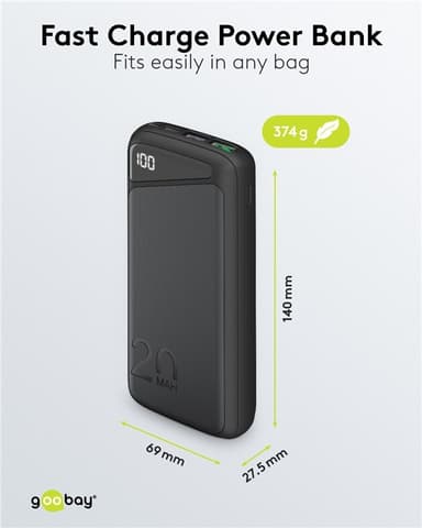 Goobay Hurtigladende Powerbank 20 000 mAh (USB-C™ PD, QC 3.0)