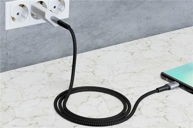 USB-C â„¢ til USB-C â„¢ Tekstilkabel med metallplugger (Space grå / sølv) 2 m