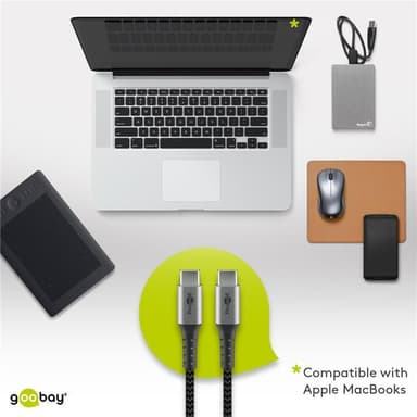 USB-C â„¢ til USB-C â„¢ Tekstilkabel med metallplugger (Space grå / sølv) 2 m