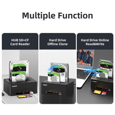 Maiwo K3082CR USB C 3.1 Gen1 5Gbps Docking Station, 2 SATA HDD SDD 14TB med støtte for beasp, støtte til Sataii 6Gbps, kloning, kortleser, USB-hub