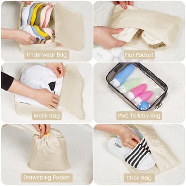 Organiseringsset för Resväskor Resbagagearrangörer vattentät 9-pack Beige