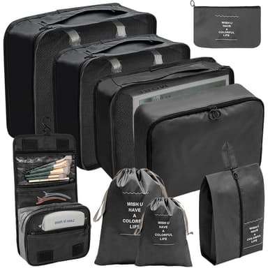 Organiseringsset för Resväskor Resbagagearrangörer vattentät 9-pack Sort