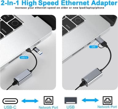 NÖRDIC USB-A og C 3.1 til Giga Ethernet nettverksadapter USB-A og USB-C Space Grey Aluminium RTL8153