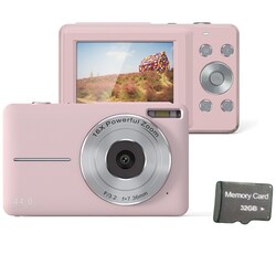 INF Digitalkamera 44MP/1080P/16X digital zoom/fylllys med 32GB kort Rosa