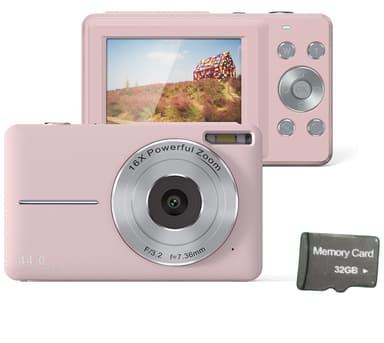 INF Digitalkamera 44MP/1080P/16X digital zoom/fylllys med 32GB kort Rosa