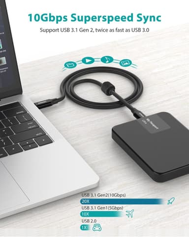USB IF-sertifisert 1m USB3.2 Gen2 SuperSpeed ​​​​USB 10Gbps USB-C til C-kabel med strømforsyning 100W, 4K60Hz video og Emarker