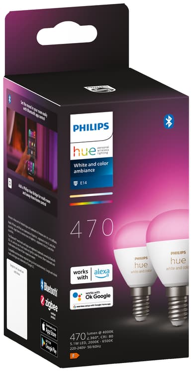 Philips Hue Luster LED-lyspære WCA 5,1W P45 E14 2-pk.