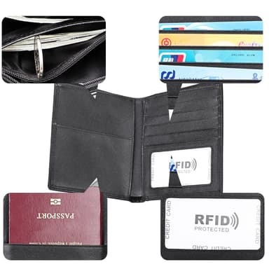 Uppgraderad RFID-spärrande reseplånbok i äkta läder. Passhållare Sort