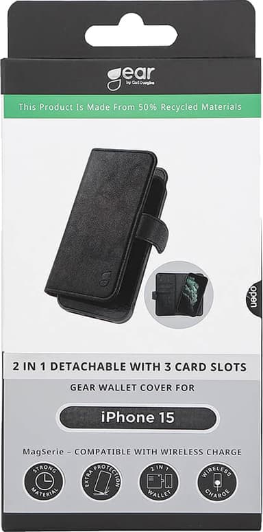 Gear 2in1 iPhone 15 3 lommebokdeksel (sort)