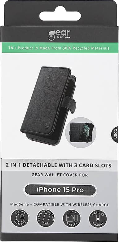 Gear 2in1 iPhone 15 Pro 3 lommebokdeksel (sort)