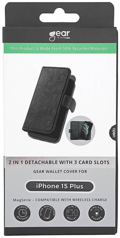 Gear 2in1 iPhone 15 Plus 3 lommebokdeksel (sort)