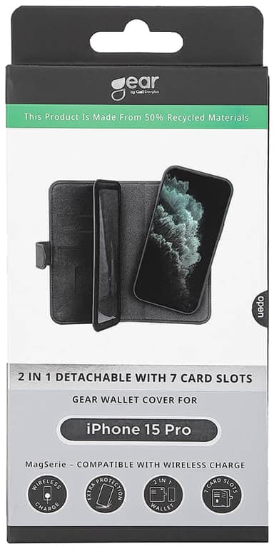 Gear 2in1 iPhone 15 Pro 7 lommebokdeksel (sort)