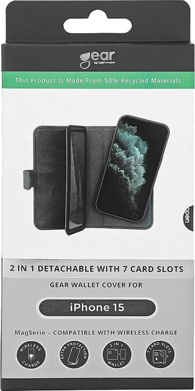 Gear 2in1 iPhone 15 7 lommebokdeksel (sort)