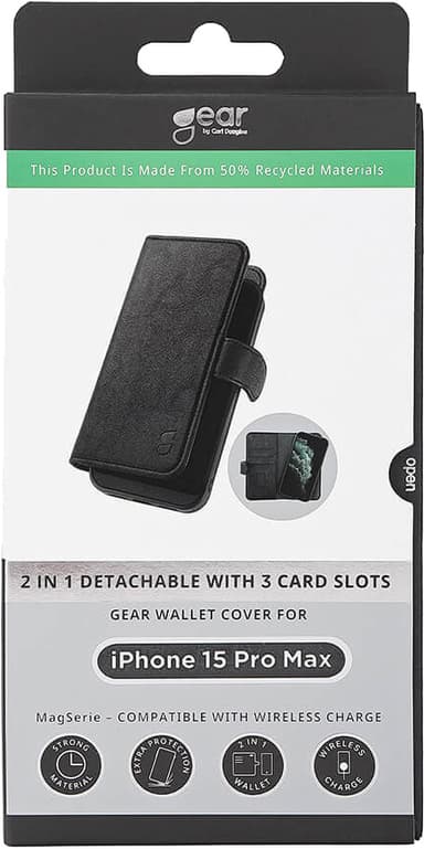 Gear 2in1 iPhone 15 Pro Max 3 lommebokdeksel (sort)
