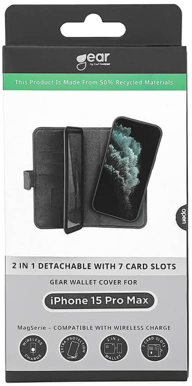 Gear 2in1 iPhone 15 Pro Max 7 lommebokdeksel (sort)