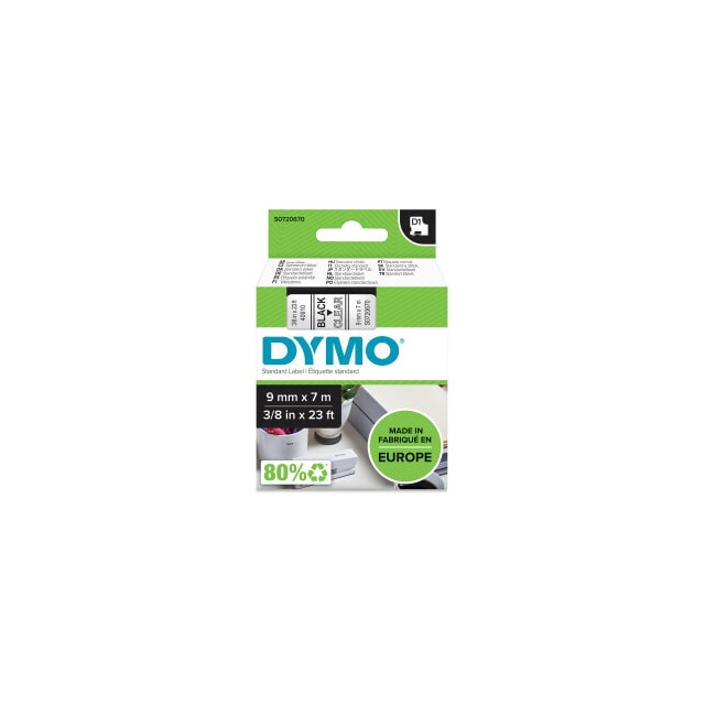 DYMO D1 märktejp standard 9mm, svart på transparent, 7m rulle (40910