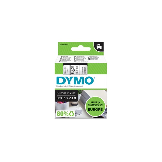 DYMO D1 märktejp standard 9mm, svart på transparent, 7m rulle (40910
