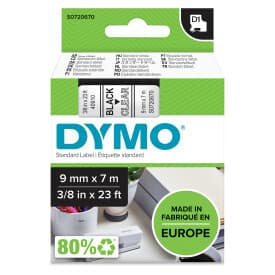 DYMO D1 märktejp standard 9mm, svart på transparent, 7m rulle (40910