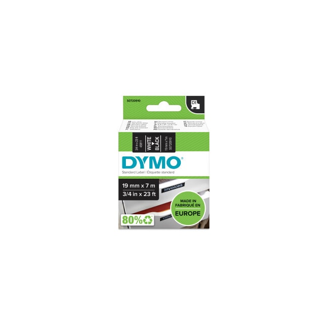 DYMO D1 märktejp standard 19mm, vitt på svart, 7m rulle (45811)