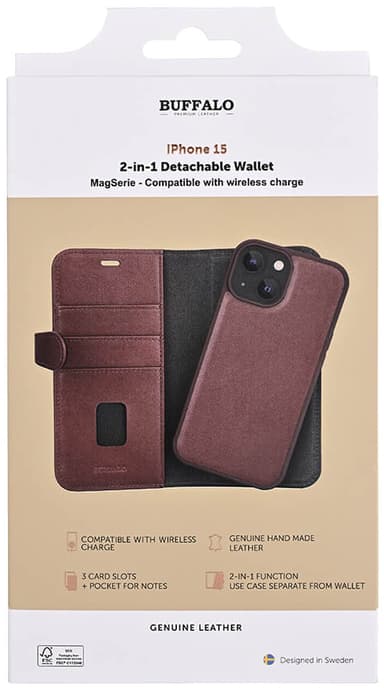 Buffalo iPhone 15 2-i-1 Leather MagSeries lommebokdeksel (brun)