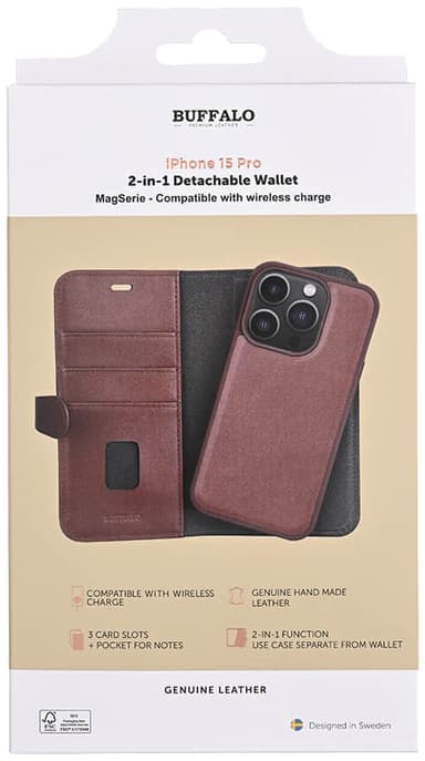 Buffalo iPhone 15 Pro 2-i-1 Leather MagSeries lommebokdeksel (brun)