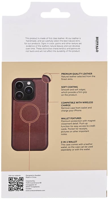 Buffalo iPhone 15 Pro 2-i-1 Leather MagSeries lommebokdeksel (brun)