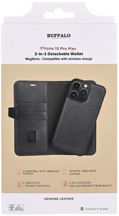 Buffalo iPhone 15 Pro Max 2-i-1 Leather MagSeries lommebokdeksel (sort)