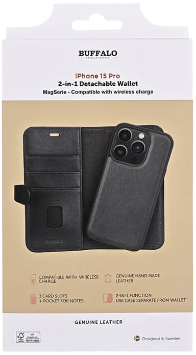 Buffalo iPhone 15 Pro 2-i-1 Leather MagSeries lommebokdeksel (sort)