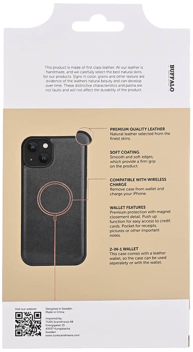 Buffalo iPhone 15 Plus 2-i-1 Leather MagSeries lommebokdeksel (sort)