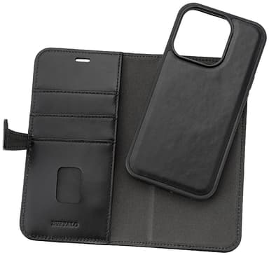 Buffalo iPhone 15 Pro 2-i-1 Leather MagSeries lommebokdeksel (sort)
