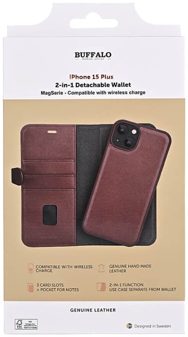 Buffalo iPhone 15 Plus 2-i-1 Leather MagSeries lommebokdeksel (brun)