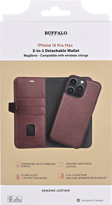 Buffalo iPhone 15 Pro Max 2-i-1 Leather MagSeries lommebokdeksel (brun)