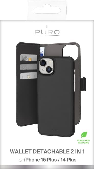 Puro 2-i-1 iPhone 15 Plus lommebokdeksel (sort)