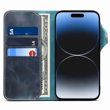 Lommeboketui 3-korts ekte lær Apple iPhone 15 - Blå