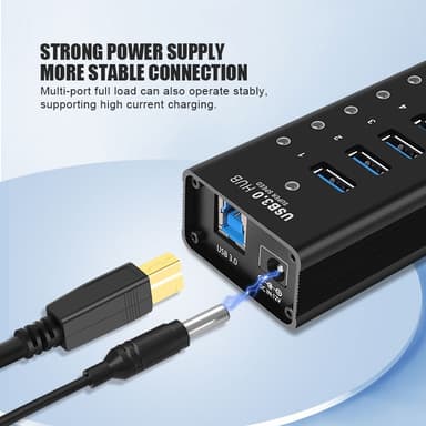 NÖRDIC 8-ports drevet hub USB-A 3.0 5Gbps med bryter 1,2m kabel aluminium svart med strømforsyning