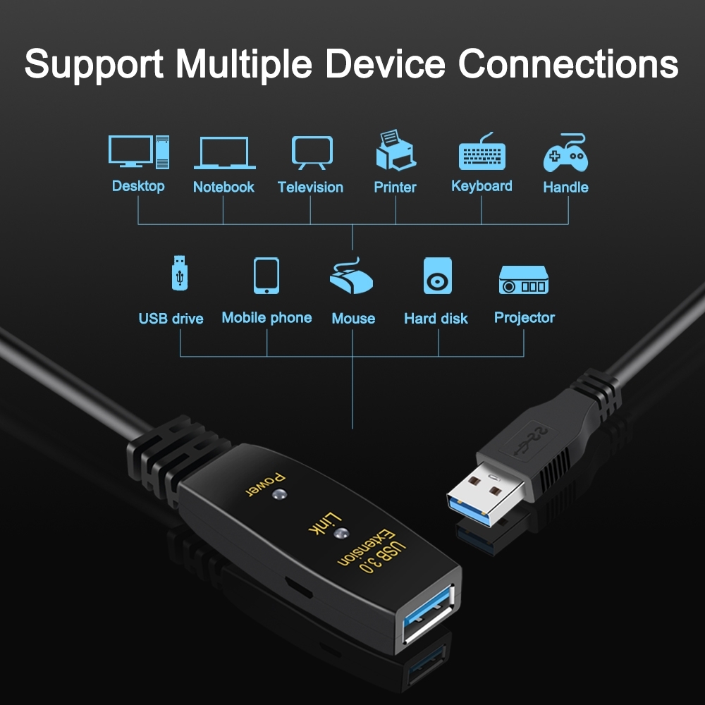 NÖRDIC Active 20m USB3.1 skjøtekabel 5Gbps USB A hann til hunn for Xbox, PS5, Oculus, skriver, skanner, Playstation, VR USB-forlengelseskabel