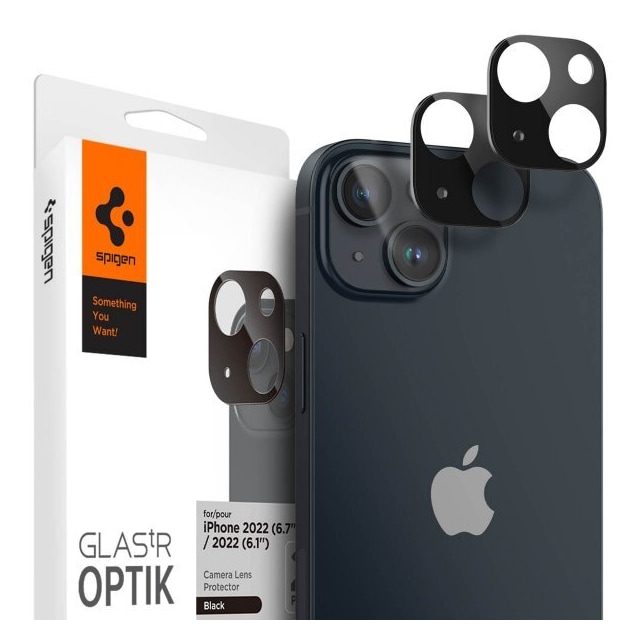 Spigen iPhone 14/iPhone 14 Plus Linsebeskyttelse Glas.tR Optik 2-pakning Svart