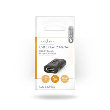 Nedis USB-C™ Adapter | USB 3.2 Gen 2 | USB-C™ Hunn | USB-C™ Hunn | 4K@60Hz | 10 Gbps | Rund | Nikkel belagt | Sort | Konvolutt