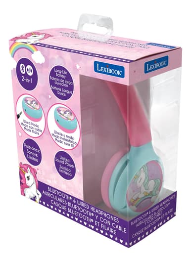 Unicorn 2 i 1 Bluetooth og kablet komfort sammenleggbare hodetelefoner med barnesikkert volum