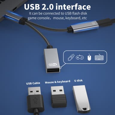 USB-C hann til USB hunn + USB-C PD ladekontakt og OTG adapter USB 2.0
