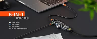 NÖRDIC USB-C 1 til 5 huber 1xHDMI 4K60Hz, 1xUSB-C PD 100W, 3xUSB-A, 30cm