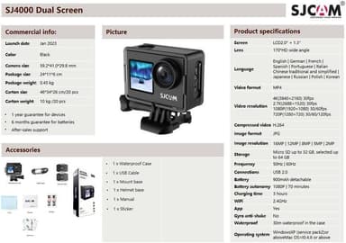 SJCAM SJ4000Dual Screen 4K 30fps Actionkamera, Wifi, Dobbel skjerm, Vanntett skall. bærbar