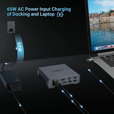 NÖRDIC 1 til 16 USB-C-dokkingstasjon trippelskjermer 2xHDMI 1xDP 4K60Hz 7xUSB 1xUSB-C PD65W 1xRJ45 1xAudio 1xSD 1xMicro SD Thunderbolt 3/4 USB4