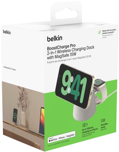 Belkin BoostCharge Pro 2-i-1 MagSafe 15W trådløs lader (sand)
