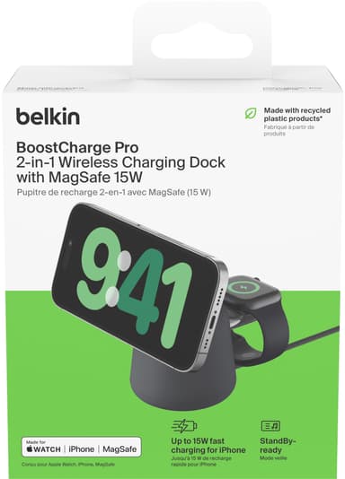 Belkin BoostCharge Pro 2-i-1 MagSafe 15W trådløs lader (sort)