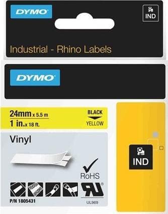 DYMO RhinoPRO 24mm vinylteip, svart på gul, 5.5m rull