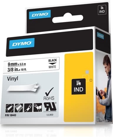 DYMO RhinoPRO merketejp perm vinyl 9mm, svart på hvitt, 5.5m rull