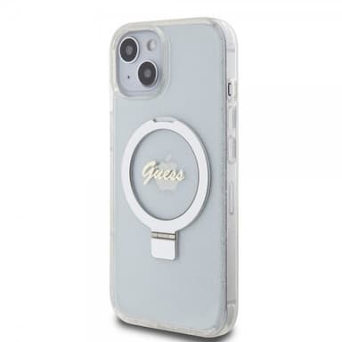 Guess iPhone 15 Deksel Ring Stand Glitter MagSafe Transparent