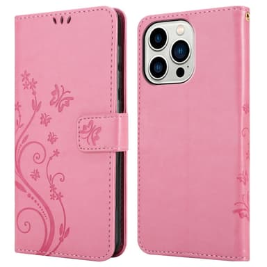 iPhone 14 PRO lommebokdeksel Blomster (rosa)