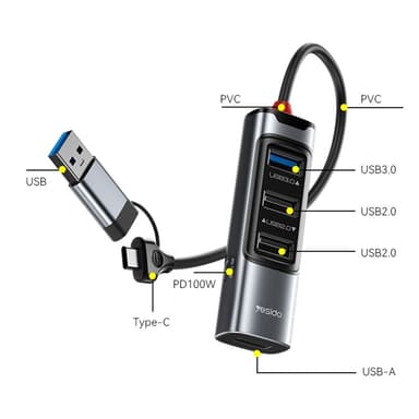 USB + USB-C Hub-adapteromformer USB 3.0+3xUSB 2.0+PD 100W